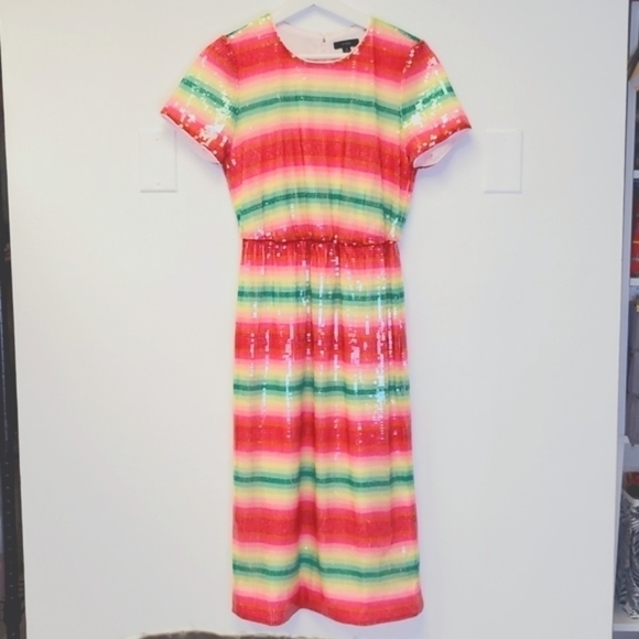 J.Crew Short-Sleeve Sequin Dress in Watermelon Stripe Size 2 - Picture 3 of 16